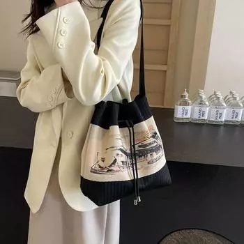 Вязаная сумка через плечо с открытым шнурком, сумка корейской версии большой вместимости, портативная сумка-ведро в стиле ретро, женская сумка через границу