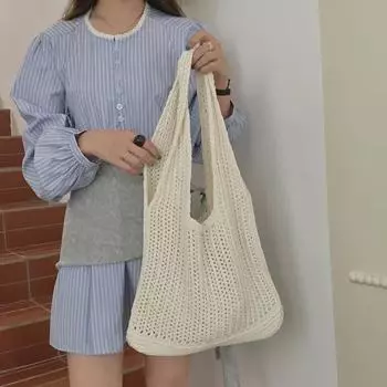 Вязаная сумка через плечо в корейском стиле Lazy Style - большая вместимость, однотонный цвет, алый дизайн, шерстяная сумка для покупок абрикосовый