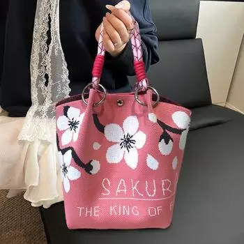 Вязаная сумка для девочек, сумка-ведро с бабочкой и цветком, повседневная сумка на запястье, вязаный кошелек Cherry Blossom