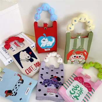 Вязаная сумка для мобильного телефона для женщин на весну и осень, симпатичная мультяшная универсальная сумка на одно плечо с диагональным поперечным ремешком, дорожный кошелек для монет, маленькая сумочка 14*23cm