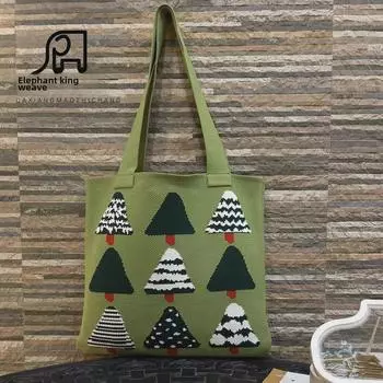Вязаная сумка для покупок с изображением рождественской елки в корейском стиле 2023 года - серия «Лес» зелёный