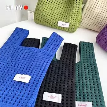 Вязаная сумка на запястье, женская повседневная сумка-тоут на плечо, женские многоразовые сумки для покупок, маленькая тканая сумка для девочек 22.5x39cm синий