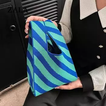 Вязаная сумка ручной работы, женская мини-сумка на запястье с узлом, женская повседневная цветная сумка-тоут в широкую полоску, студенческая многоразовая сумка для покупок 21x36cm