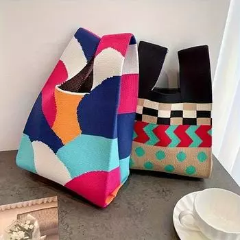 Вязаная сумка ручной работы, женская мини-сумка на запястье с узлом, женская повседневная цветная сумка в клетку в широкую полоску, студенческая многоразовая сумка для покупок A