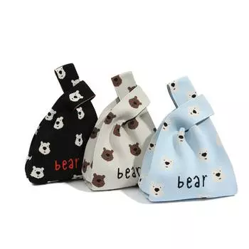 Вязаная сумка с мультяшным медведем, женская сумка, повседневная большая сумка, сумка на плечо, студенческая многоразовая сумка для покупок 35x20 см черный белый