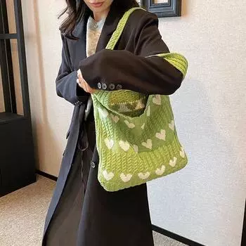 Вязаная сумка-тоут с рисунком в виде сердца, плетеная сумка через плечо, эстетичная вязаная крючком сумка для женщин хаки