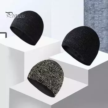 Вязаная светоотражающая шапка, ветрозащитная, высокоэластичная, купольная, двухслойная, плюшевая, с подкладкой, в уличном стиле, для ночных пробежек, предупреждающая шапка, зимний, сохраняющий тепло головной убор для чёрный