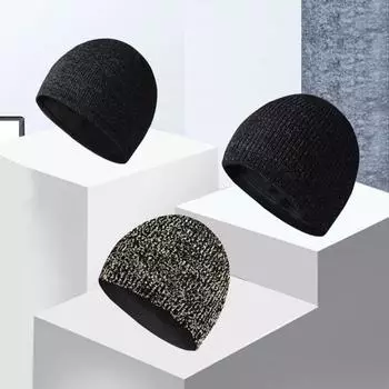 Вязаная светоотражающая шапка, ветрозащитная, высокоэластичная, купольная, двухслойная, плюшевая, с подкладкой, в уличном стиле, для ночных пробежек, предупреждающая, зимняя, сохраняющая тепло, головной убор чёрный