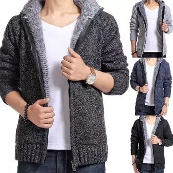 Вязаная толстая толстовка с капюшоном на молнии, мужские свитера, осенне-зимний теплый кашемировый шерстяной пуловер на молнии 2XL чёрный