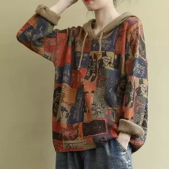 Вязаная толстовка с капюшоном, свободная куртка-свитер с принтом, литературная ретро повседневная модная толстовка M