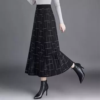 Вязаная юбка по нижнему краю женская 2022 юбка трапециевидной формы с высокой талией средней длины на осень и зиму свободная клетчатая повседневная шерстяная юбка женская