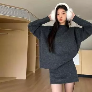 Вязаная юбка-свитер, новый осенне-зимний комплект небольшого роста, элитный пуловер из двух частей. One Size серый