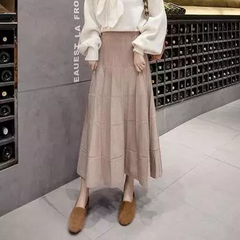 Вязаная юбка Женская длинная плиссированная юбка Осень и зима A Word Большая распашная драпированная юбка-зонтик Средней длины шерстяная юбка Ins Trend хаки