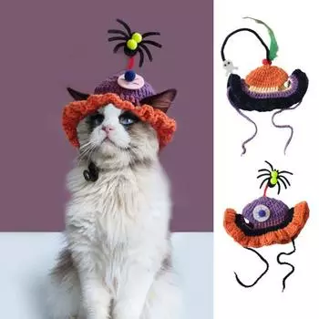 Вязаная вручную кошачья шапка на резинке со шнуровкой паук-призрак аксессуары для кошек головной убор для вечеринки для домашних животных для котят оранжевый