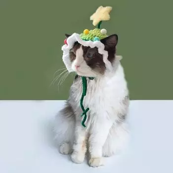 Вязаная вручную кошачья шапка на шнуровке для питомцев, новогодняя елка, олень, звезда, шапка для котят, щенков, милые аксессуары для кошачьих нарядов для вечеринки розовый