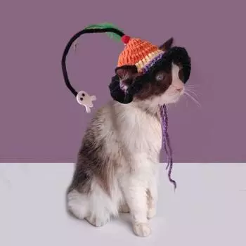 Вязаная вручную шапка для кошки, эластичная на шнуровке, паук, привидение, аксессуары для кошек, головные уборы для домашних животных, нарядные головные уборы для котят, щенков фиолетовый