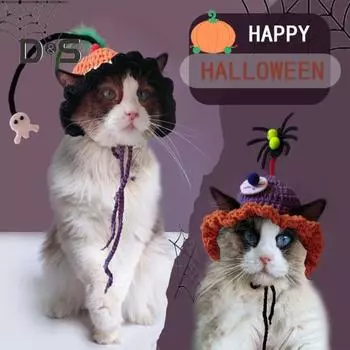 Вязаная вручную шапка для кошки, эластичная на шнуровке, паук, привидение, аксессуары для кошек, головные уборы для домашних животных, нарядные головные уборы для котят, щенков фиолетовый