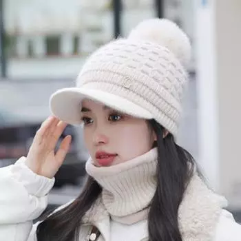 Вязаная женская модная однотонная шапка из меха кролика с козырьком на флисовой подкладке, теплая защита для ушей Hat + Scarf чёрный