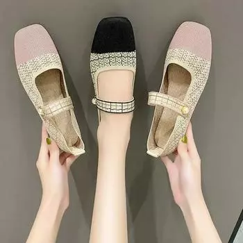 Вязаная женская обувь Мэри Джейн в корейском стиле, удобная дышащая женская обувь, повседневная обувь на плоской подошве с квадратным носком, Zapatos De Mujer 36 чёрный