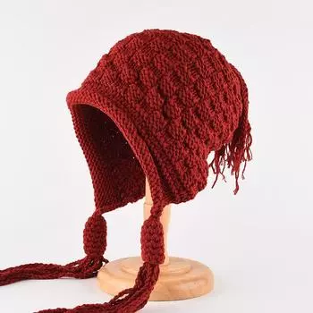 Вязаная женская шапка осень-зима милый галстук кисточка подвеска защита ушей шерстяная шапка ручная работа теплая защита ушей шапка Lei Feng One Size красный