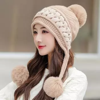 Вязаная женская шапка, подходящая по цвету, с тремя волосами, защитная шапка из шерсти, зимняя универсальная повседневная бархатная термошапка M56-58cm чёрный