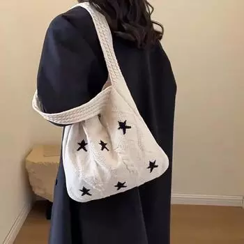 Вязаная женская сумка со звездами, новая вязаная эко-сумка-шоппер, вязаная крючком веревка, сумка на плечо, женская вязаная сумка, винтажная большая сумка 27x3x31cm хаки