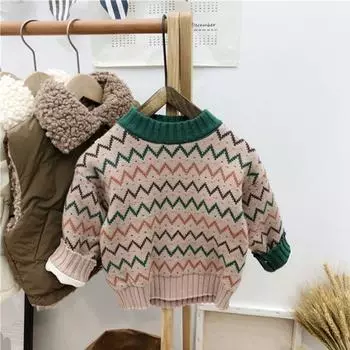 Вязание для мальчиков и девочек, рубашка с волнистым верхом и низом, детское пальто с круглым воротником 100 бежевый