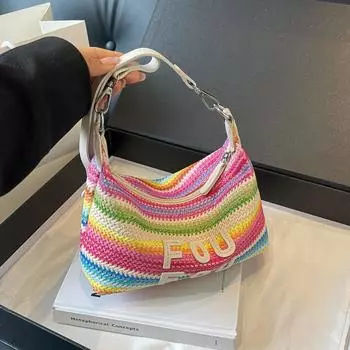 Вязание из ротанга для женщин, модная соломенная сумка с цветными блоками, летняя пляжная женская маленькая сумка через плечо, фирменная дизайнерская дорожная сумка