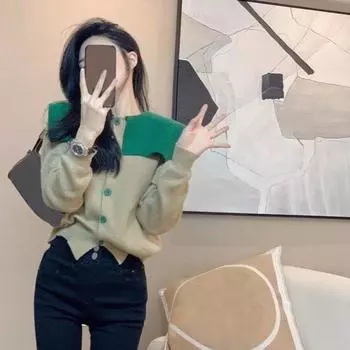 Вязание кардигана, женский свитер ранней весной 2022 года, свободный и универсальный дизайн, небольшой кардиган с длинными рукавами, свитер One Size зелёный