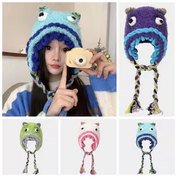 Вязание Kawaii Смешная шапка Аксессуары для одежды Защита ушей Шапка Мультяшная плюшевая шапка для студента зелёный
