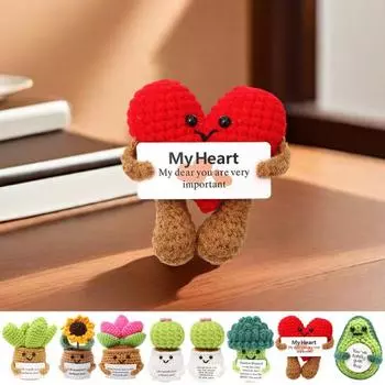 Вязание крючком позитивных горшечных растений с открыткой Эмоциональная поддержка ручная вязка подсолнух сочный авокадо брокколи кукла сердце украшение орнамент H