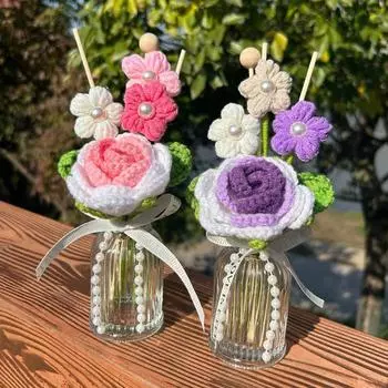 Вязание крючком стеклянных художественных настольных украшений, искусственный букет, креативная композиция из жемчуга, флакон для ароматерапии, украшения для дома своими руками