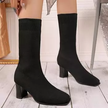 Вязание Высокие каблуки Носки Сапоги Женская обувь Плетение Зимняя мода Ботинки Челси До середины голени Новые брендовые туфли-лодочки Снежные Botas Mujer 35