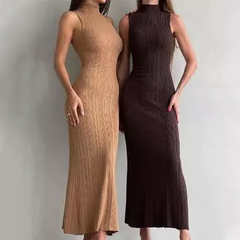 Вязаное элегантное вечернее платье женское с высокой талией тонкое облегающее платье макси без рукавов Femme France Party с высоким воротником однотонные трикотажные платья женские S белый