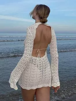 Вязаное ажурное однотонное платье, женское синее летнее сексуальное клубное платье с длинными рукавами, женский облегающий свитер с круглым вырезом и открытой спиной S белый