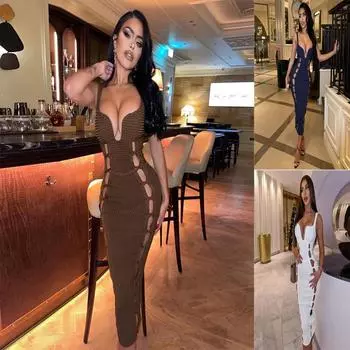 Вязаное ажурное платье макси женское элегантное с глубоким v-образным вырезом на бретельках на шнуровке без рукавов S белый