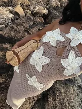 Вязаное цветочное пляжное длинное платье без рукавов с открытой лямкой и лямкой для женщин L коричневый