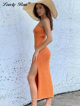 Вязаное длинное платье-комбинация с открытой спиной и разрезом по бокам, облегающие женские платья, летние белые пляжные женские платья с квадратным воротником S оранжевый