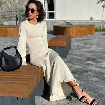 Вязаное длинное платье с открытой спиной для женщин, рюшами, на шнуровке, с высокой талией, платья макси, женское вечернее элегантное бандажное модное платье M бежевый