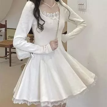 Вязаное кавайное кружевное платье, женское вязаное короткое платье с запахом, вечернее платье в Корейском стиле, модный трикотаж, осенний халат, женский S чёрный