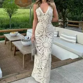 Вязаное крючком ажурное шикарное макси-платье женское сексуальное с V-образным вырезом без рукавов спинки облегающее трикотажное платье летний отпуск пляжный халат S абрикосовый