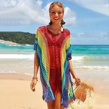 Вязаное крючком бикини, женское многоцветное платье с кисточками, сексуальная ажурная туника-туника, пляжные платья, летняя пляжная одежда One Size синий