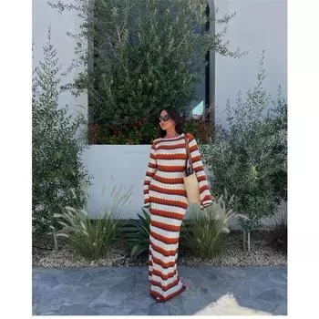 Вязаное крючком полосатое макси-платье для женщин с роговыми рукавами, длинное пляжное платье для женщин, праздничное вечернее платье для вечеринки S