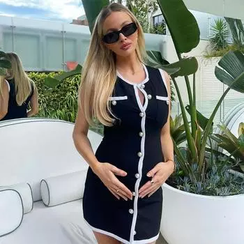 Вязаное мини-платье для женщин, летние тонкие платья-майки без рукавов, женское платье контрастного цвета с высокой талией, женское пляжное повседневное праздничное трикотажное платье M чёрный