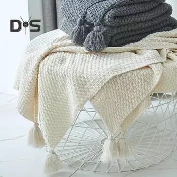 Вязаное одеяло в скандинавском стиле, однотонное одеяло с бахромой, анти-катышковое одеяло с кисточками для домашнего декора, кровати, дивана, путешествий S серый