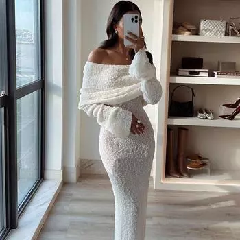 Вязаное открытое платье макси с открытыми плечами, свободные платья с длинными рукавами, праздничное повседневное пляжное вечернее платье для женщин, тонкое трикотажное платье S белый