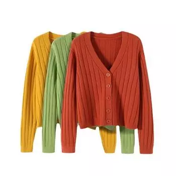 Вязаное пальто, модный однотонный свободный свитер с длинными рукавами, осень-зима, свитера с v-образным вырезом, женские тонкие кардиганы на пуговицах, женские топы 28566 One Size абрикосовый