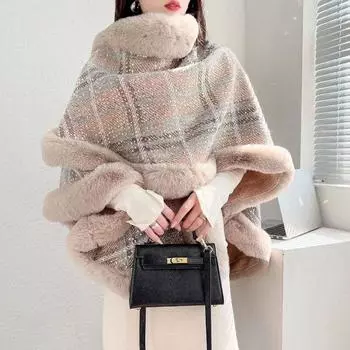 Вязаное пальто-плащ с шалью для женщин, которое можно носить осенью и зимой 2022 года, новое универсальное пальто-пончо контрастного цвета в клетку с блестками One Size розовый