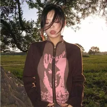 Вязаное пальто с двойной молнией, новинка 2022 года, винтажное европейское модное вязаное пальто-кардиган, повседневное тонкое уличное пальто S коричневый