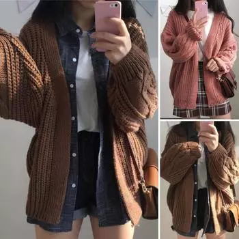 Вязаное пальто Свитер Кардиган Толстый однотонный длинный витой рукав Мягкая эластичная свободная ткань жёлтый